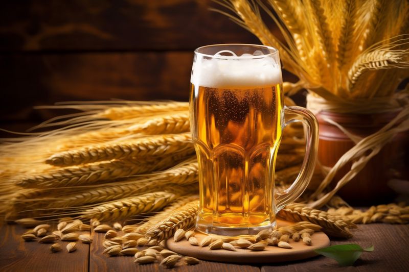 gold alcohol pint beverage foam lager pub glass drink beer. Generative AI.