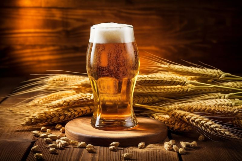 foam pub pint beverage lager alcohol drink glass beer gold. Generative AI.