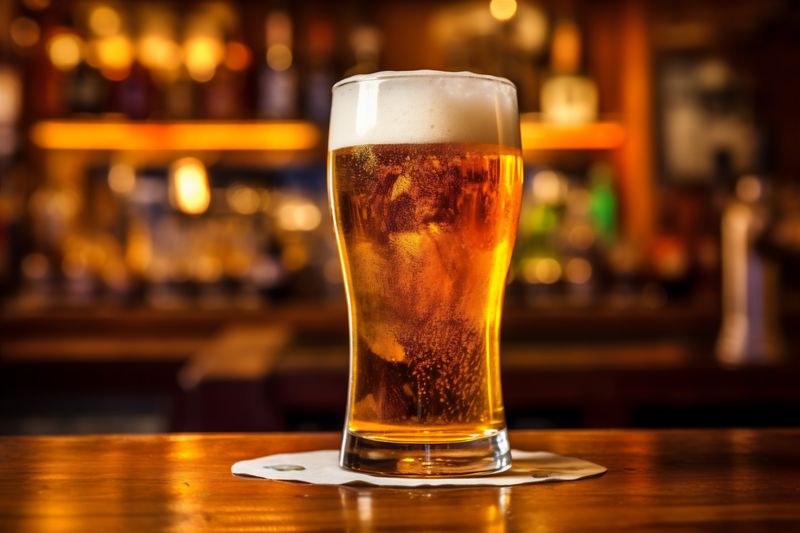 pub gold beverage foam glass lager alcohol pint beer drink. Generative AI.