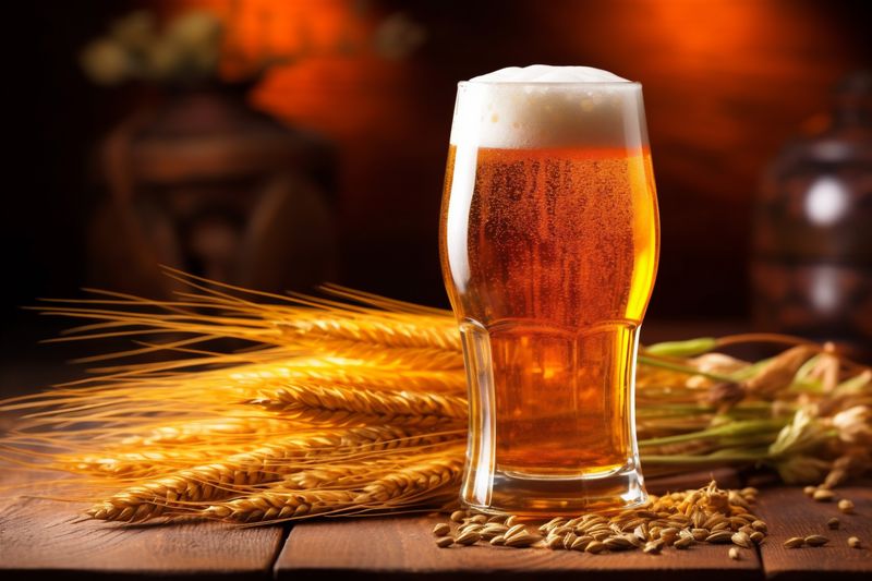 pub beer gold foam glass beverage drink lager alcohol pint. Generative AI.