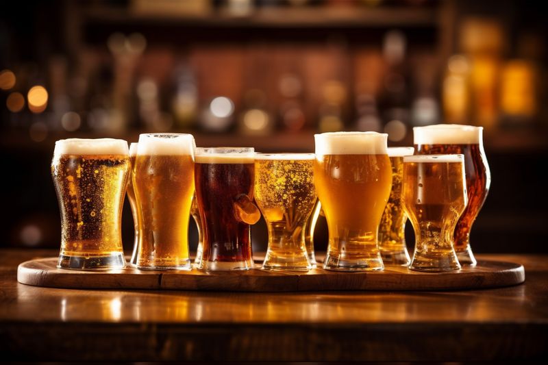 alcohol pub foam lager drink pint gold glass beer beverage. Generative AI.