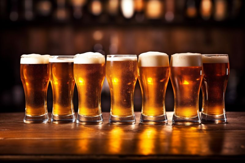 gold beverage glass foam pint pub lager drink beer alcohol. Generative AI.