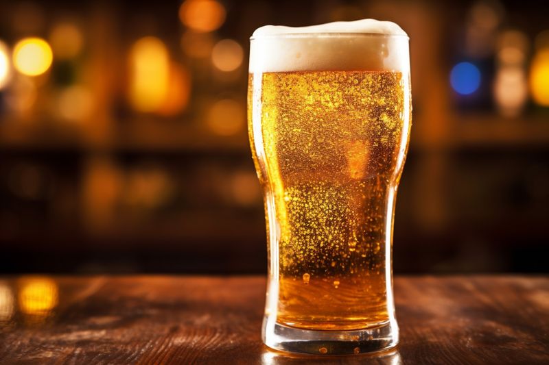 pint drink lager gold alcohol pub glass beer beverage foam. Generative AI.