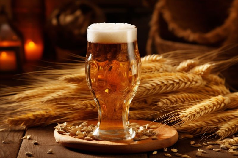 lager glass beer foam alcohol beverage pub pint gold drink. Generative AI.