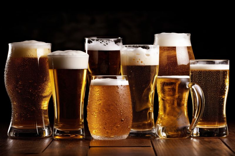 beverage lager alcohol pint foam drink beer pub gold glass. Generative AI.