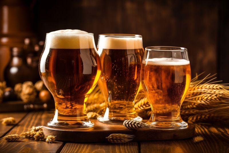 gold pint beverage beer lager drink foam pub alcohol glass. Generative AI.