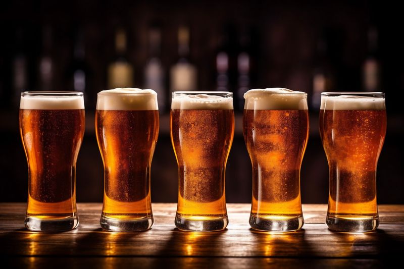 beer drink gold pub lager foam pint glass alcohol beverage. Generative AI.