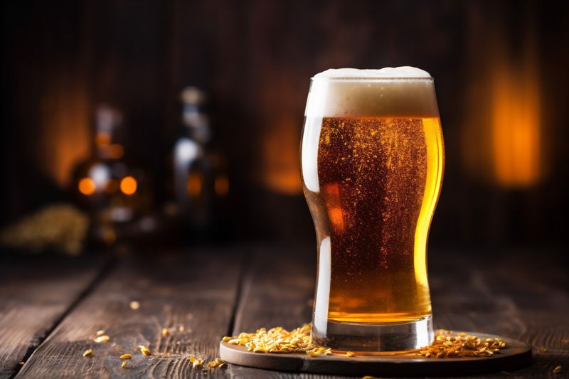 alcohol glass drink pub pint lager gold beverage foam beer. Generative AI.