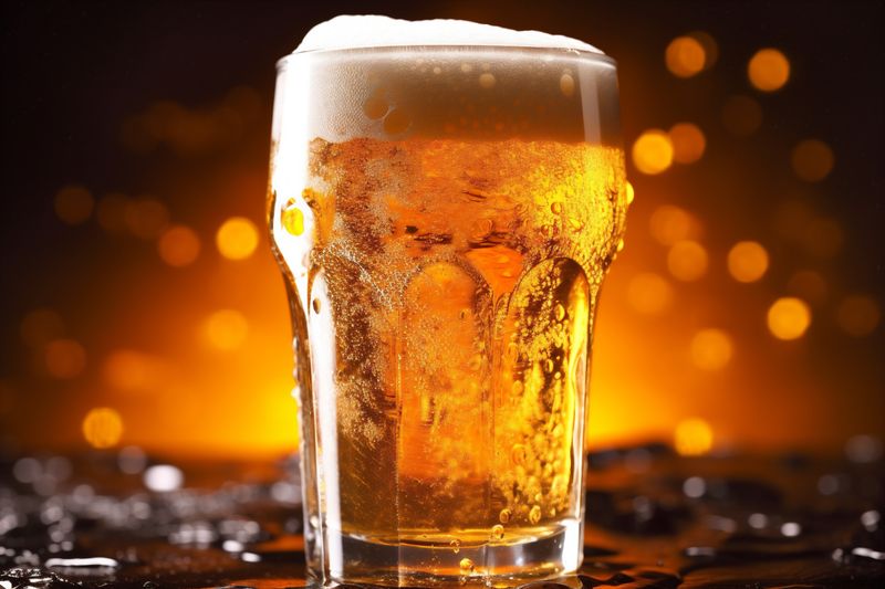 alcohol drink pub beverage lager gold beer pint glass foam. Generative AI.