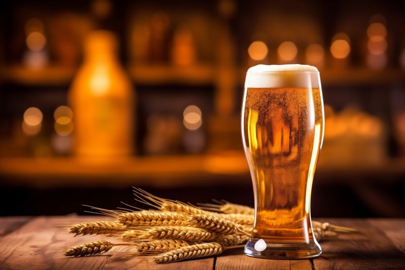 lager beverage beer pub pint gold glass alcohol foam drink. Generative AI.