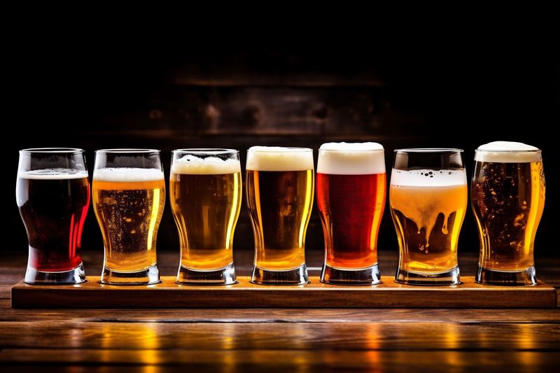 beverage pub glass gold foam beer lager drink alcohol pint. Generative AI.