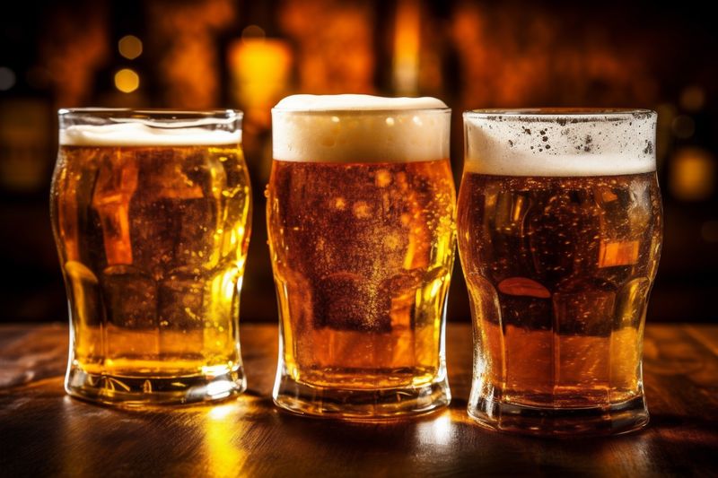 beer glass pint pub beverage foam drink alcohol gold lager. Generative AI.