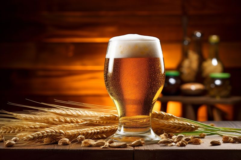 pint pub foam glass beverage drink beer gold alcohol lager. Generative AI.