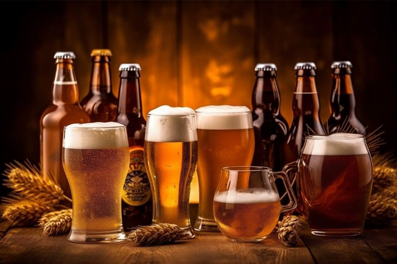 drink lager pint glass foam pub alcohol beer gold beverage. Generative AI.