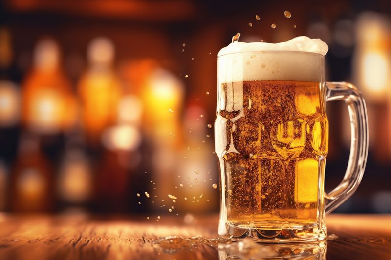 lager drink beer pub beverage glass gold pint foam alcohol. Generative AI.