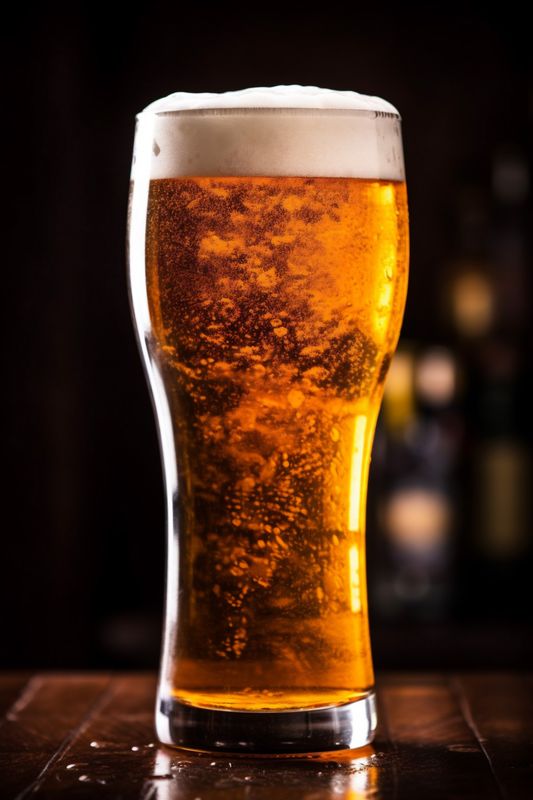 beverage lager drink glass pint foam alcohol pub gold beer. Generative AI.