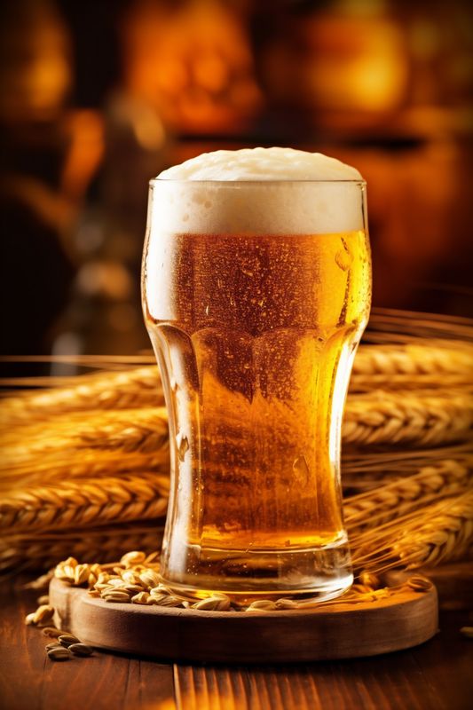 beverage pub foam beer drink glass alcohol lager pint gold. Generative AI.