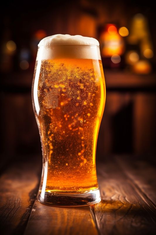 pub alcohol beer foam drink pint beverage lager glass gold. Generative AI.