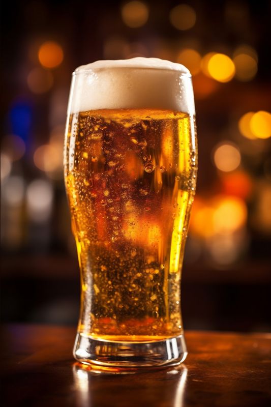 pint glass lager alcohol gold pub foam beer beverage drink. Generative AI.