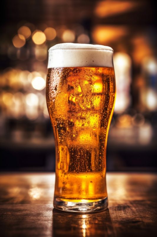 beverage pub gold pint glass drink beer alcohol foam lager. Generative AI.