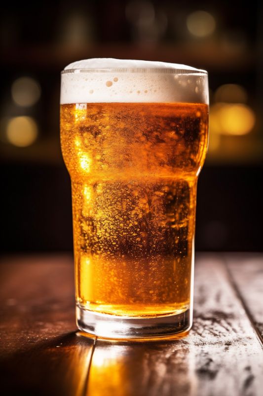 alcohol beverage gold pint pub drink lager beer glass foam. Generative AI.
