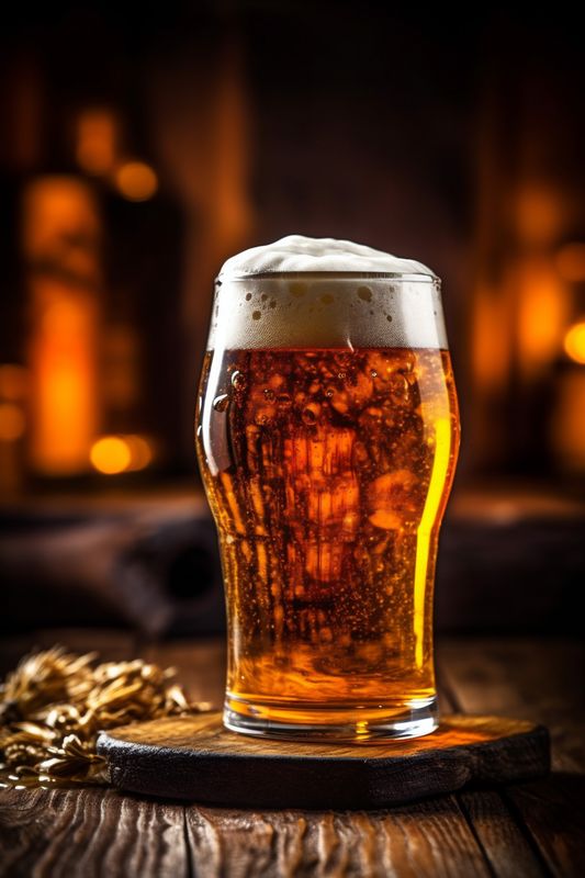 foam drink pub alcohol beer pint glass beverage gold lager. Generative AI.