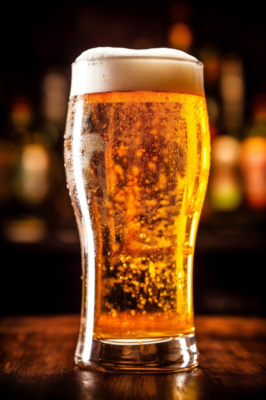 pint alcohol glass gold pub drink beverage foam lager beer. Generative AI.