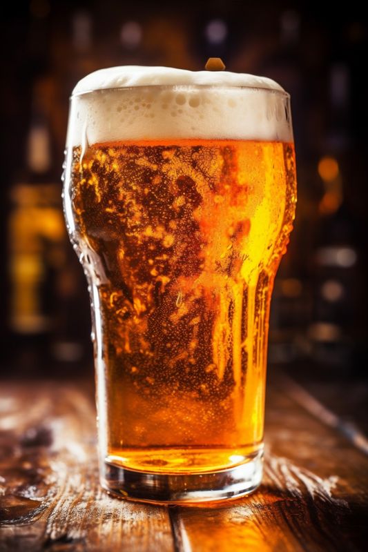 drink alcohol glass beer gold beverage pint pub lager foam. Generative AI.