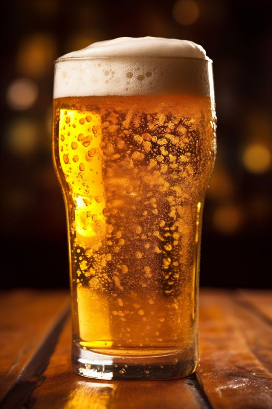 pub pint alcohol gold lager beer drink foam beverage glass. Generative AI.