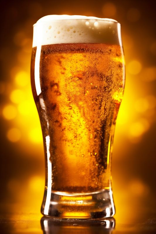 gold lager glass pub pint foam drink alcohol beverage beer. Generative AI.