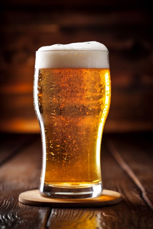 foam beverage beer pint gold alcohol pub glass drink lager. Generative AI.