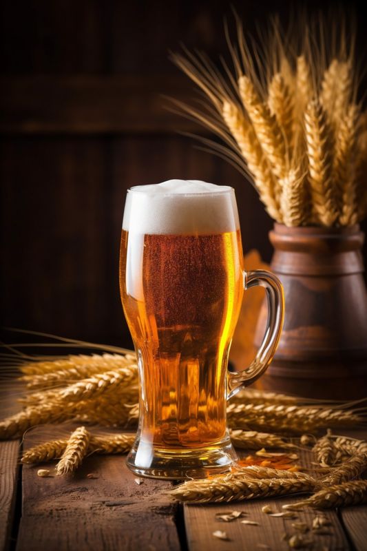 lager pub beer glass drink beverage pint gold alcohol foam. Generative AI.