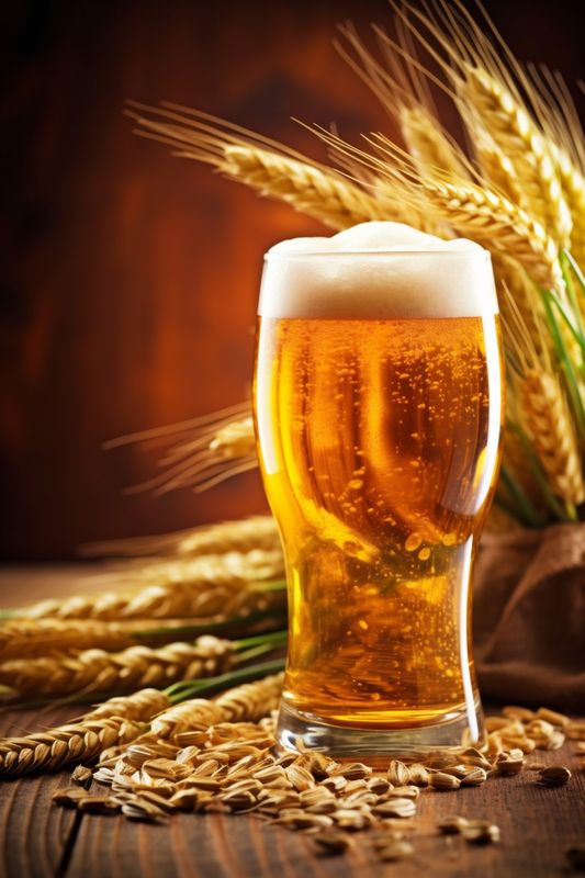 alcohol beverage pub gold glass drink pint beer lager foam. Generative AI.