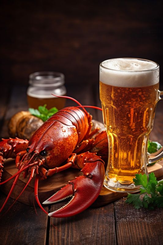 seafood background food red glass beer crayfish crab snack fresh crawfish. Generative AI.