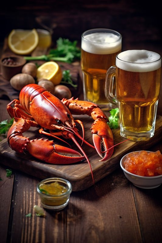 beer crab seafood snack glass red crawfish background gourmet food crayfish. Generative AI.