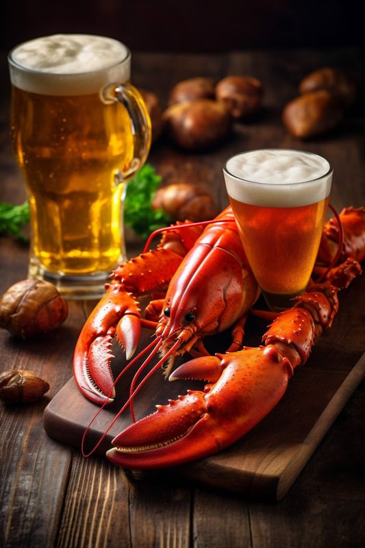 red snack beer crab crayfish glass seafood rustic food background crawfish. Generative AI.
