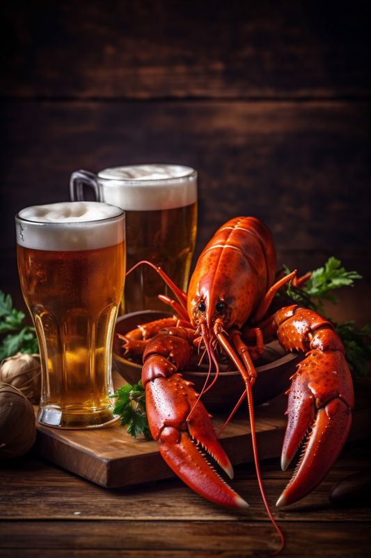seafood crawfish crayfish beverage crab food red glass background beer snack. Generative AI.