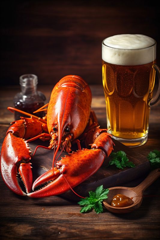 background crawfish crayfish crab red glass beer bar snack seafood food. Generative AI.