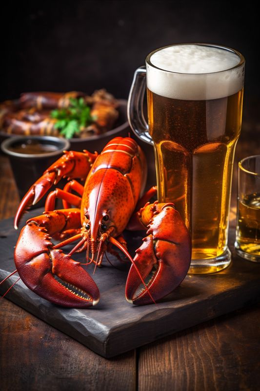 beer red glass seafood snack crab crayfish crawfish dinner food background. Generative AI.