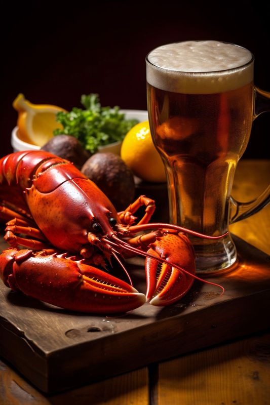snack crayfish crab crawfish glass food tasty seafood beer background red. Generative AI.