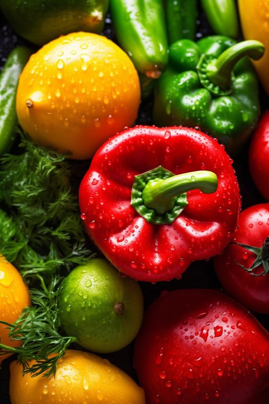 vegetarian fresh vegetable group water green organic drop healthy food background close-up. Generative AI.