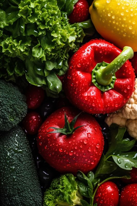 group vegetarian green background close-up food vegetable organic fresh healthy water drop. Generative AI.