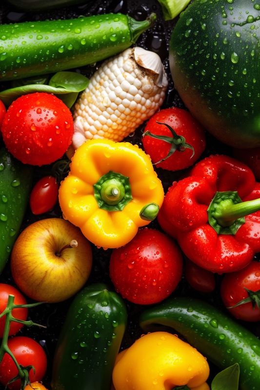 food healthy green vegetable vegetarian water close-up organic collage fresh drop background. Generative AI.