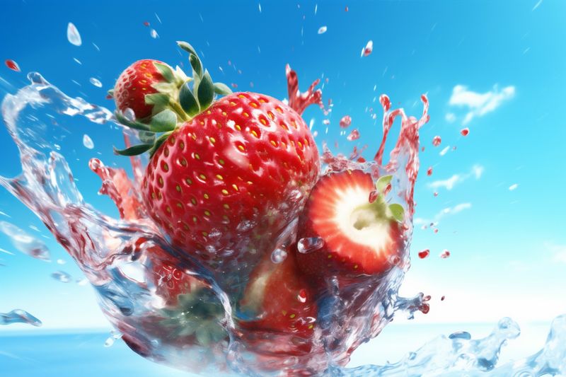 water red fresh freshness splash background healthy fruit strawberry blue food. Generative AI.