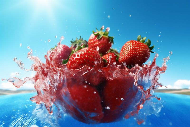 fresh food water splash blue freshness strawberry healthy fruit red background. Generative AI.