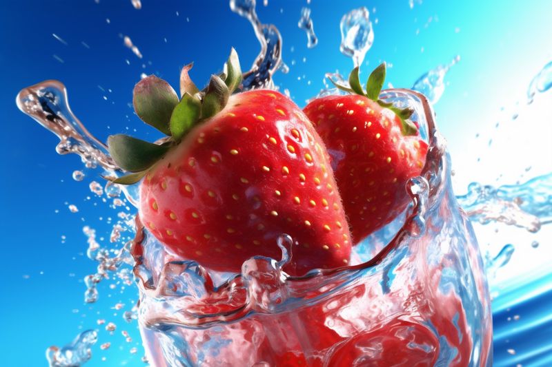 background splash food strawberry red water blue freshness fresh healthy fruit. Generative AI.