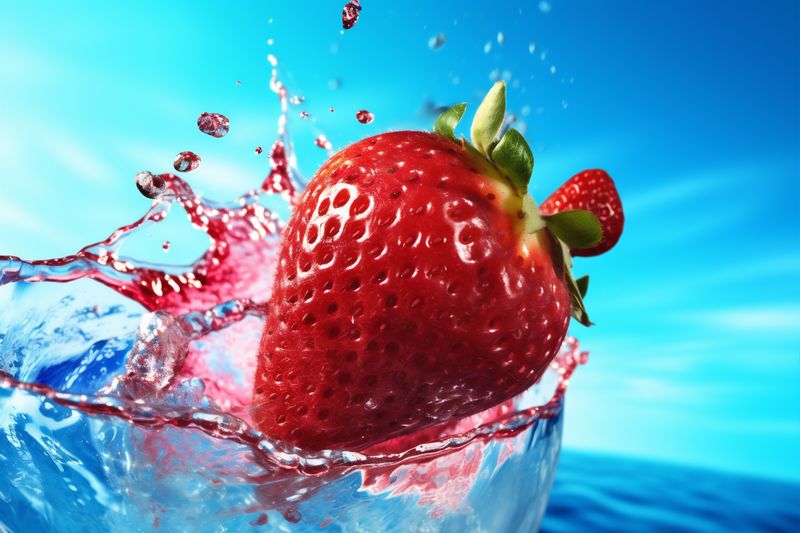 background splash fresh strawberry red freshness water food blue healthy fruit. Generative AI.