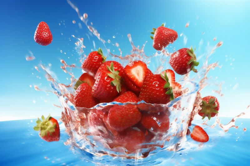 red background freshness strawberry blue healthy water food splash fresh fruit. Generative AI.