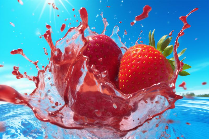blue freshness red healthy food fresh strawberry splash background fruit water. Generative AI.
