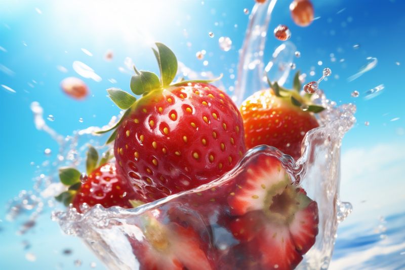 red freshness food blue fresh background water strawberry healthy splash fruit. Generative AI.